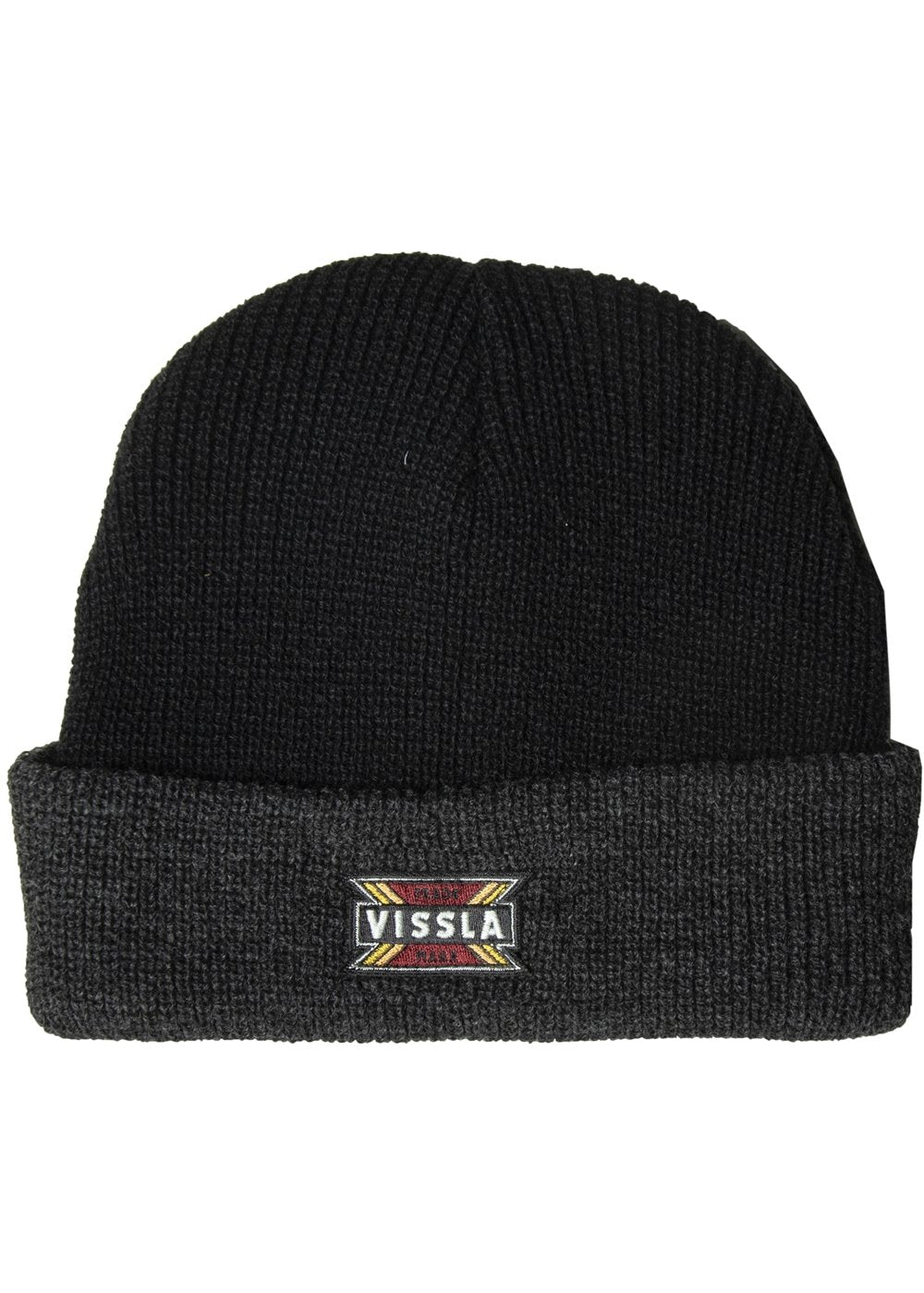 Vissla BlackSolid Sets beanie with a rectangular Vissla patch on the front roll