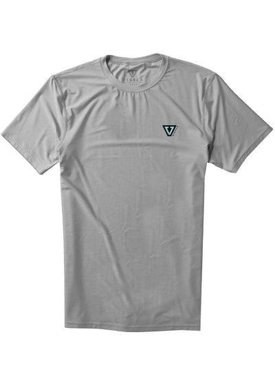 Vissla Men's black heather twisted eco short sleeve with a black and white Vissla logo on the wearer's upper left chest