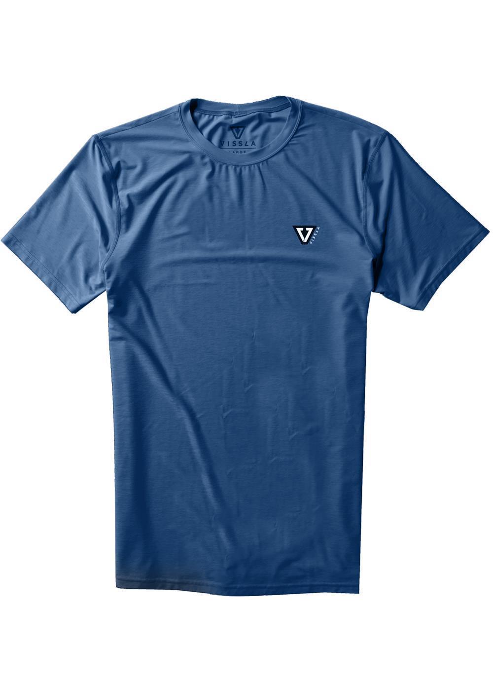 Vissla Men's naval blue heather twisted eco short sleeve with a black and white Vissla logo on the wearer's upper left chest