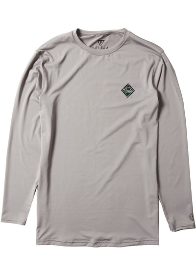 Vissla Men's grey long sleeve Easy Seas Eco Lycra with a diamond on the back and diamond on the wearer's upper left chest