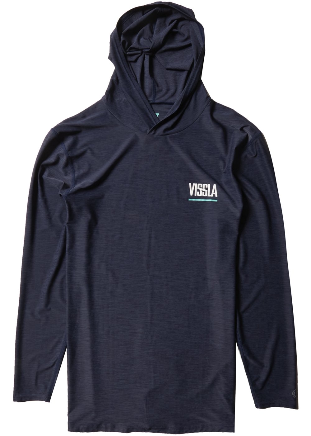 Vissla Men's naval heather Twisted Hooded Long Sleeve Rash Guard with "Vissla" printed in white on the wearer's upper left chest