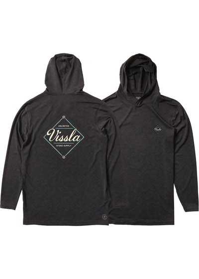 Vissla Men's black Twisted Eco Hooded Long Sleeve Rash Guard with a diamond and the word Vissla in the middle