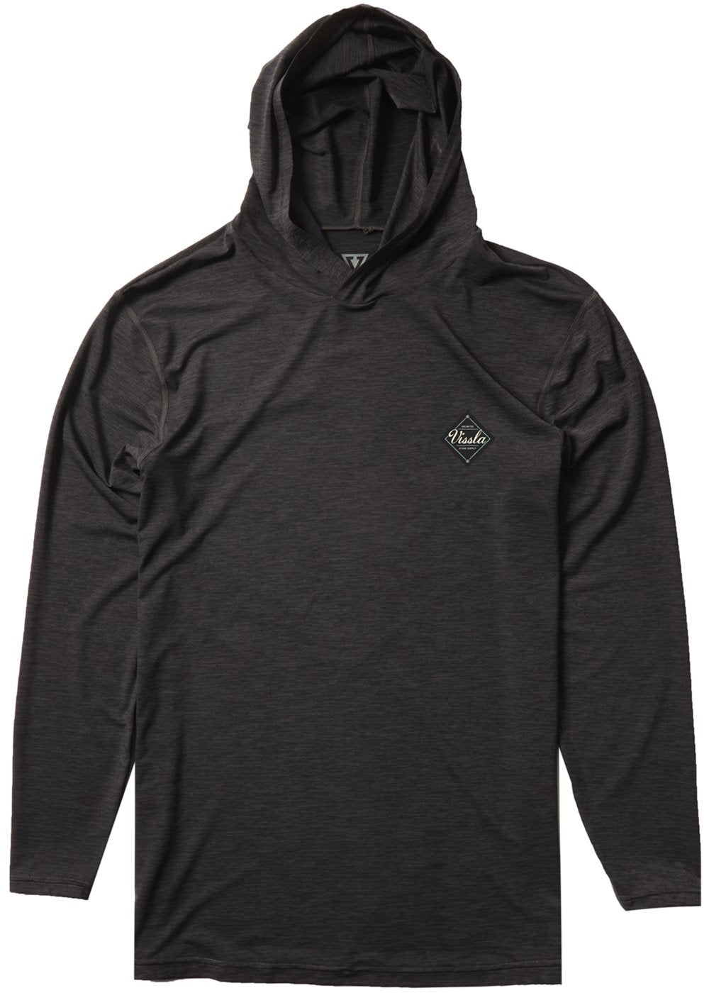 Vissla Men's black Twisted Eco Hooded Long Sleeve Rash Guard with a diamond and the word Vissla in the middle