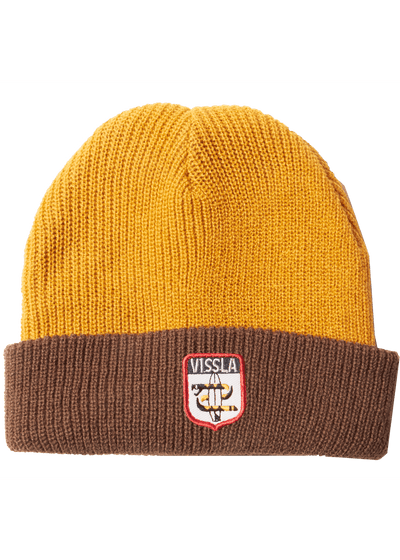 Vissla Golden Hour beanie with a brown roll that includes a retro Vissla Patch